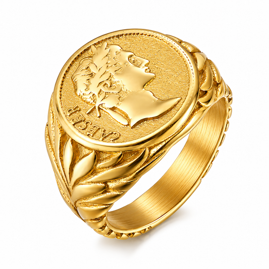 18k Gold PVD Stainless Steel Caesar Head Coin Roman Empire Ring