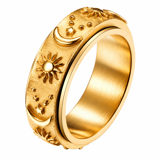 18 Gold PVD Stainless Steel Sun Moon Eternity Spinner Celestial Ring