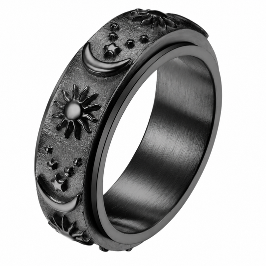Black PVD Stainless Steel Sun Moon Eternity Spinner Celestial Ring
