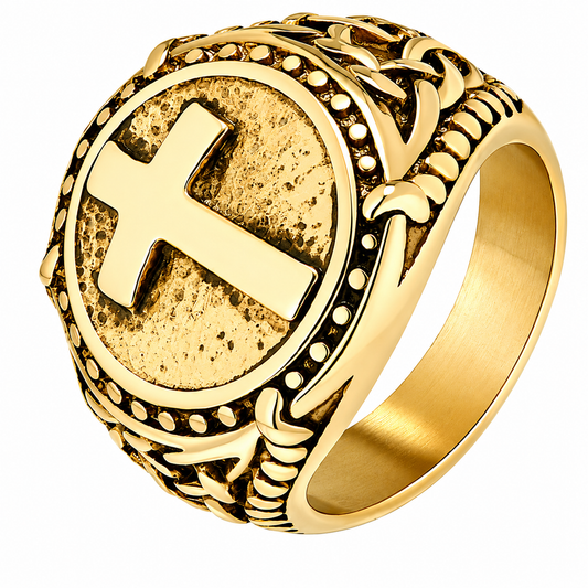 18k Gold PVD Stainless Steel Christian Cross Signet Jesus Ring