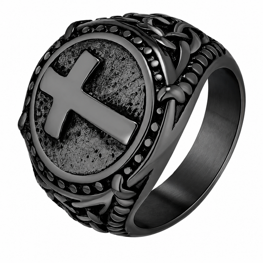 Black PVD Stainless Steel Christian Cross Signet Jesus Ring