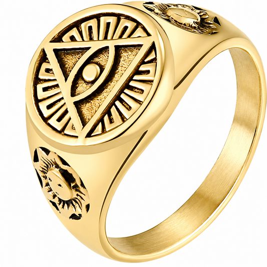 18k Gold PVD Stainless Steel Pyramid Eye of Providence Triangle Ring