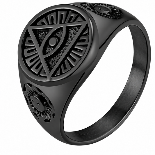 Black PVD Stainless Steel Pyramid Eye of Providence Triangle Ring