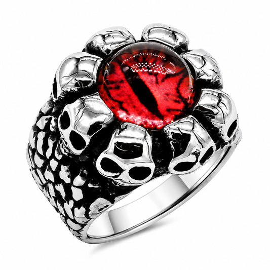 Stainless Steel Skull Halo Biker Halloween Evil Eye Red Ring