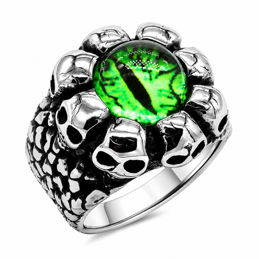 Stainless Steel Skull Halo Biker Halloween Evil Eye Green Ring