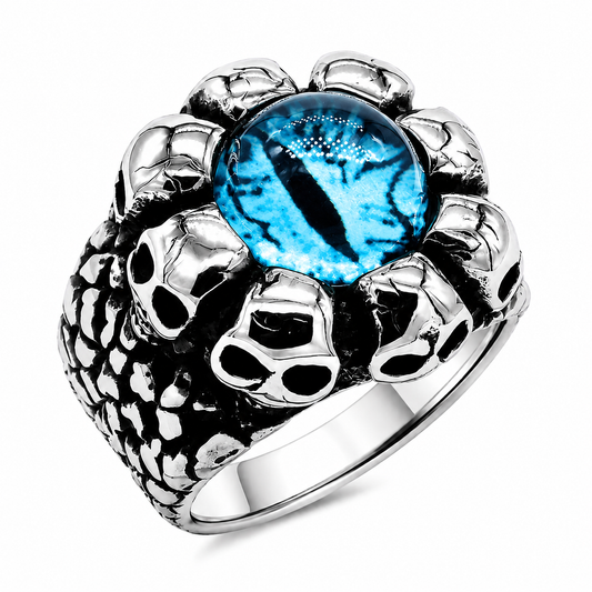 Stainless Steel Skull Halo Biker Halloween Evil Eye Blue Ring