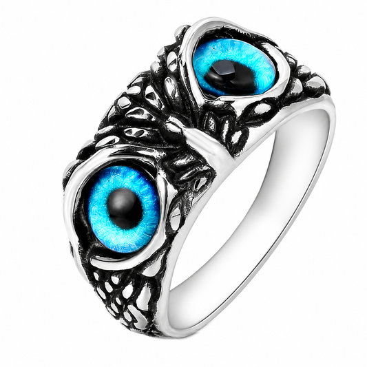 Stainless Steel Owl Head Blue Eyes Wise Animal Ring