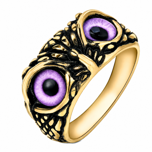 18k Gold PVD Stainless Steel Owl Head Purple Eyes Wise Animal Ring
