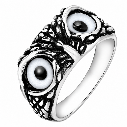 Stainless Steel Owl Head Clear Eyes Wise Animal Ring