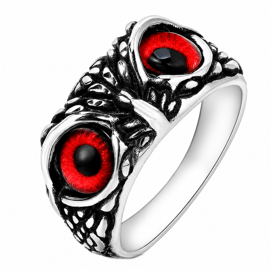 Stainless Steel Owl Head Red Eyes Wise Animal Ring