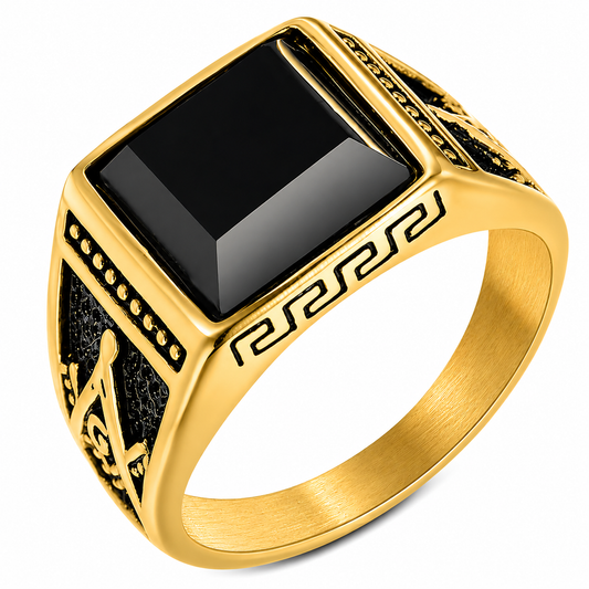 18k Gold PVD Stainless Steel Freemason Masonic G Ring
