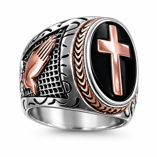 18k Rose Gold PVD Stainless Steel Cross Praying Hands Ring