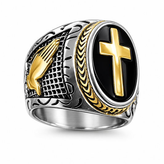18k Gold PVD Stainless Steel Cross Praying Hands Ring