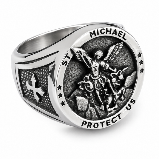 Stainless Steel Saint St Michael Protect Us Catholic Ring