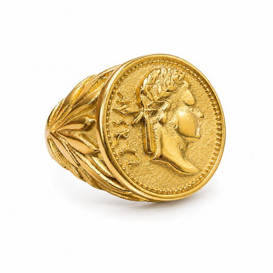 18k Gold PVD Stainless Steel Caesar Head Coin Roman Empire Ring