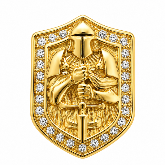18k Gold PVD Stainless Steel Knight Shield Clear CZ Ring