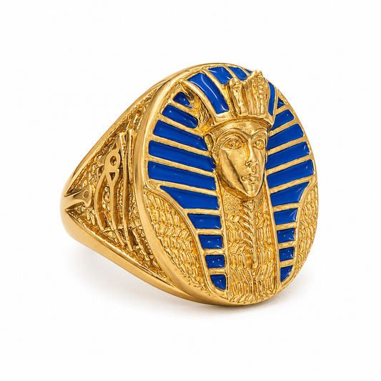 18k Gold PVD Stainless Steel Blue Enamel Egyptian Pharaoh King Tut Ring