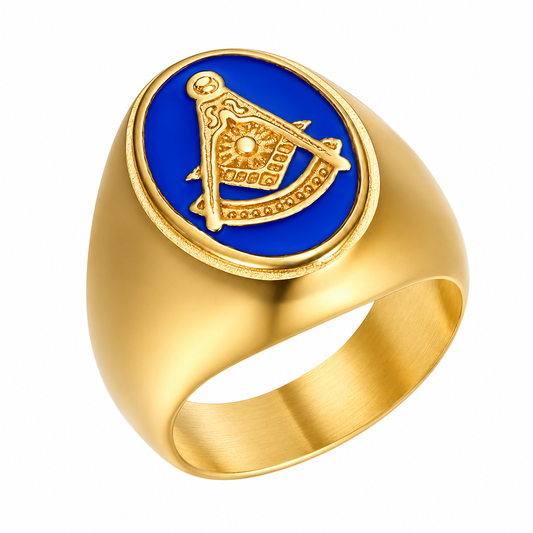 18k Gold PVD Stainless Steel Masonic Freemason Compass Signet Ring