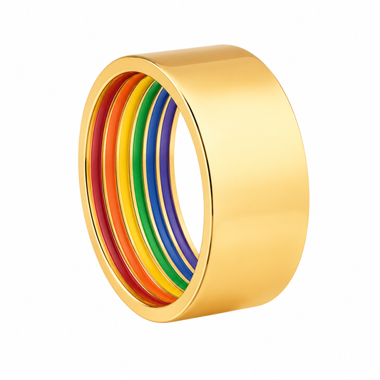18k Gold PVD Stainless Steel Rainbow Inlay LGBTQ Pride Ring