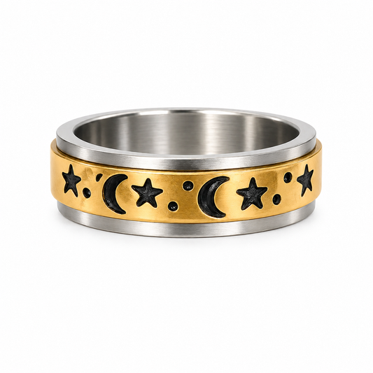 18k Gold PVD Stainless Steel Celestial Moon Star Spinner Anxiety Fidget Ring