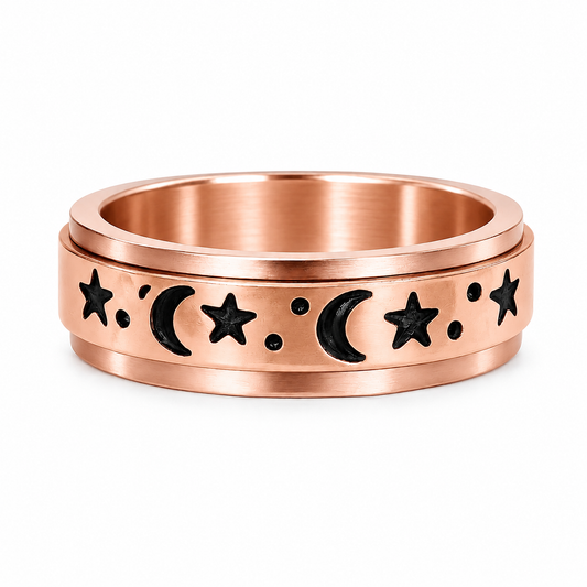 18k Rose Gold PVD Stainless Steel Celestial Moon Star Spinner Fidget Ring