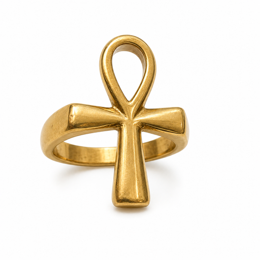 18k Gold PVD Stainless Steel Ahnk Cross Egyptian Plain Band Ring