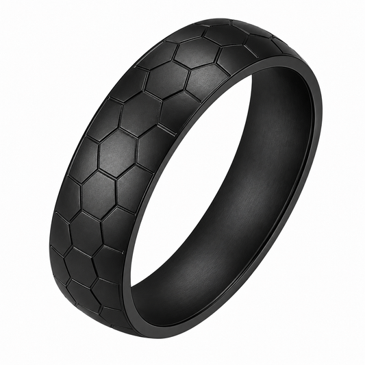 Black PVD Stainless Steel Hexagon Soccer Ball Band Ring