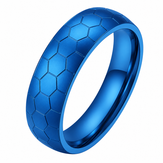 Blue PVD Stainless Steel Hexagon Soccer Ball Band Ring