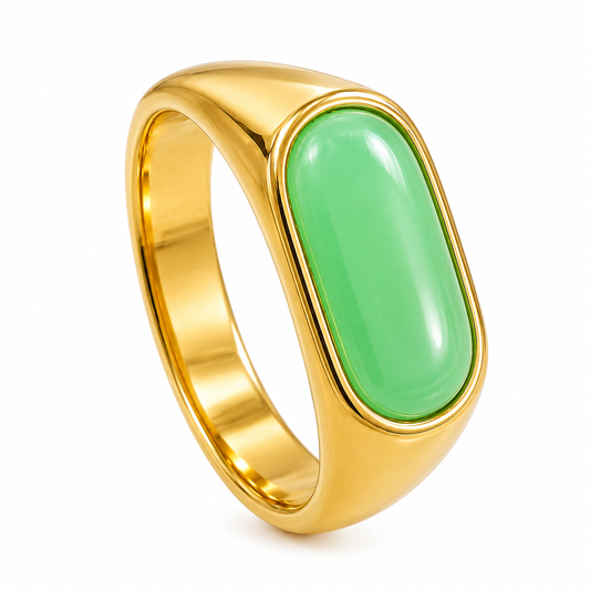 18k Gold PVD Stainless Steel Green Stone Oval Band Ring