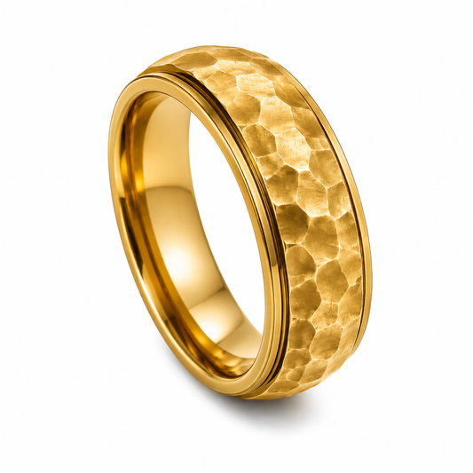 18k Gold PVD Stainless Steel Hammered Band Ring