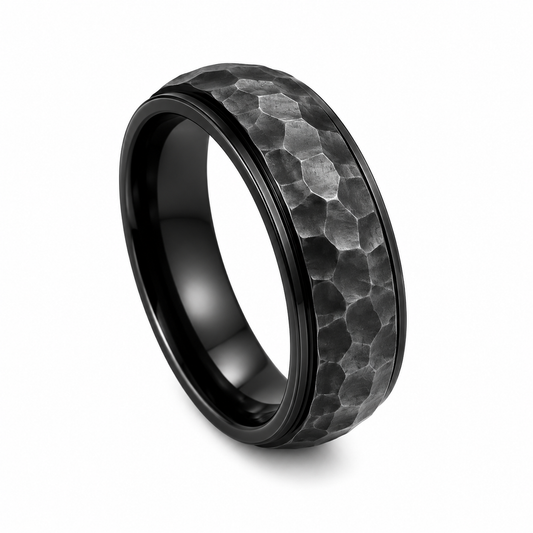 Black PVD Stainless Steel Hammered Band Ring