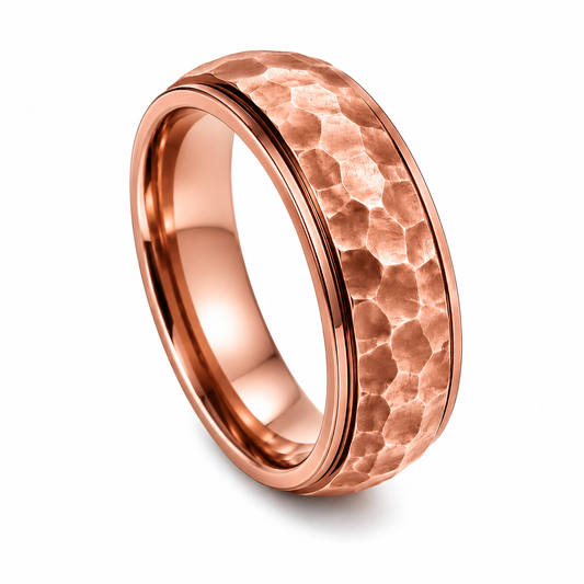 18k Rose Gold PVD Stainless Steel Hammered Band Ring