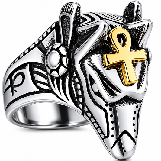 Stainless Steel Egyptian Anubis Ankh Animal Fox Ring