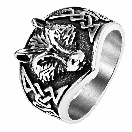 Stainless Steel Celtic Viking Wolf Head Dog Ring