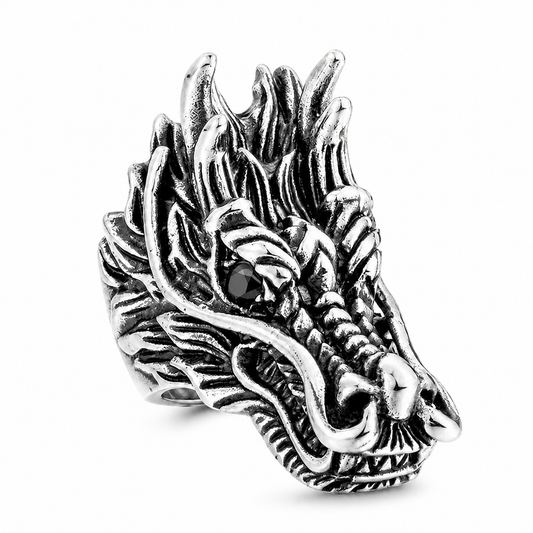 Stainless Steel Black Eye Dragon Head Snake Mythic Animal Ring