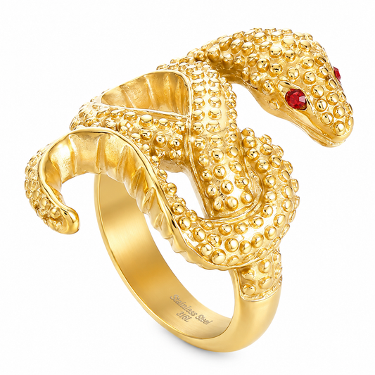 18k Gold PVD Stainless Steel Snake Serpent Knot Body Red Eye Ring