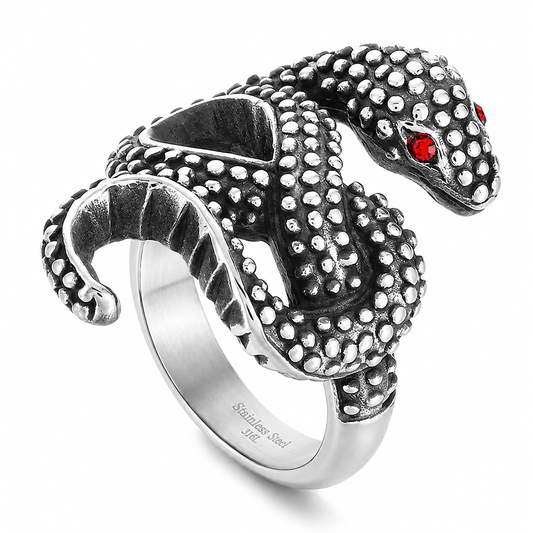 Stainless Steel Snake Serpent Knot Body Red Eye Ring
