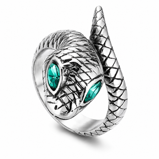 Stainless Steel Snake Serpent Body Blue Eye Ring