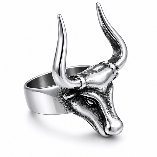 Stainless Steel Bull Longhorn Raging Cattle Animal Ring