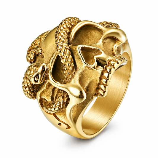 18k Gold PVD Stainless Steel Snake Skull Pirate Skeleton Head Curse Ring