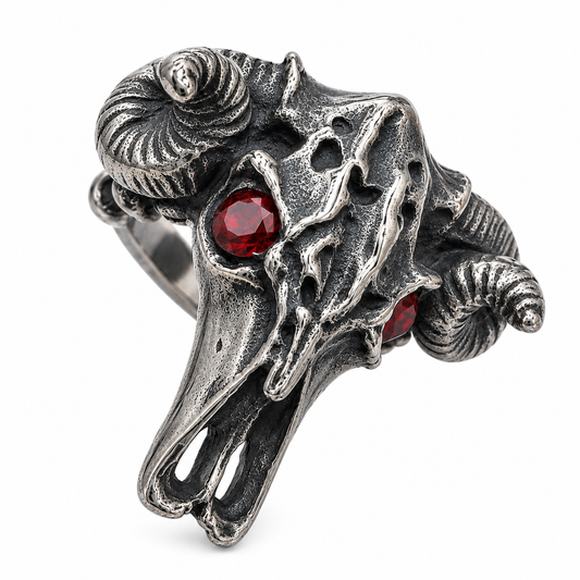 Stainless Steel Longhorn Bull Skull Cowboy Red CZ Eye Animal Ring