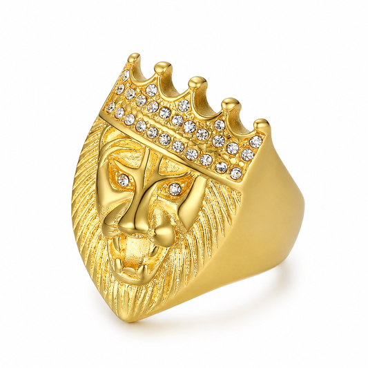 18k Gold PVD Stainless Steel Lion Cat King Crown Clear CZ Animal Head Ring