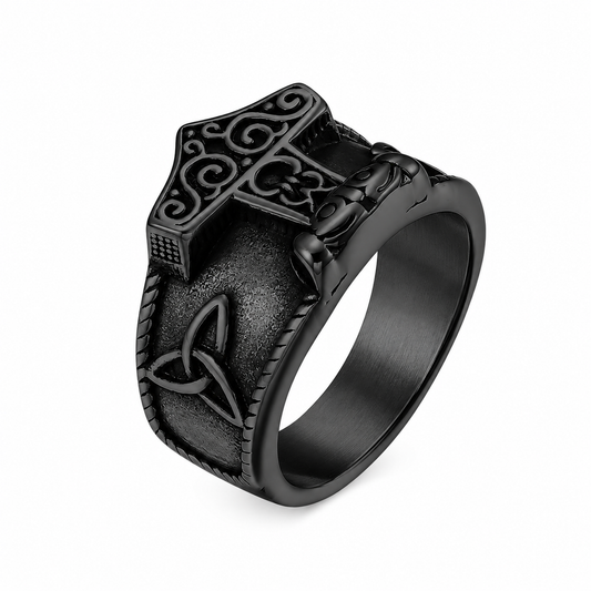 Black PVD Stainless Steel Celtic Knot Triquetra Viking Hammer Mjolnir Norse Ring