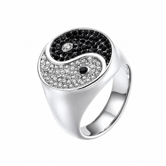 Stainless Steel Black White CZ Yin Yang Peace Ring