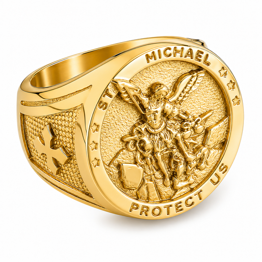 18k Gold PVD Stainless Steel Saint St Michael Protect Us Catholic Ring