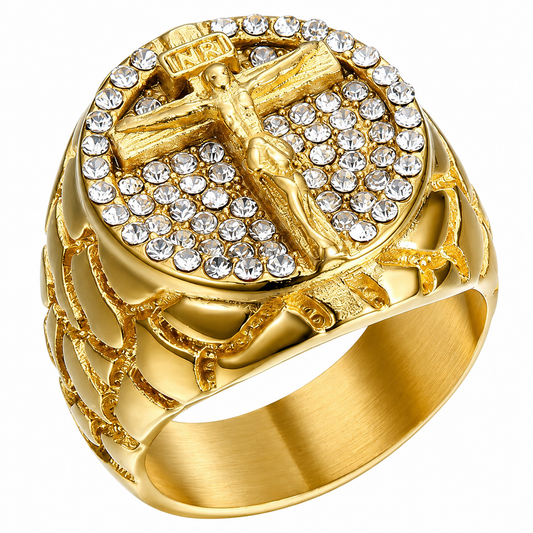 18k Gold PVD Stainless Steel Cross Jesus Crucifix Clear CZ Ring