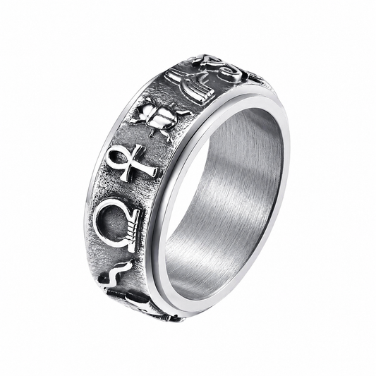 Stainless Steel Spinner Egyptian Hieroglyphs Ankh Band Ring