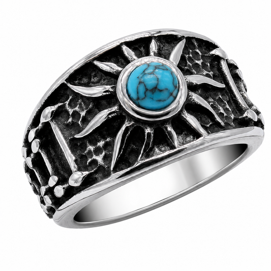 Stainless Steel Sun Simulated Turquoise Stone Band Ring
