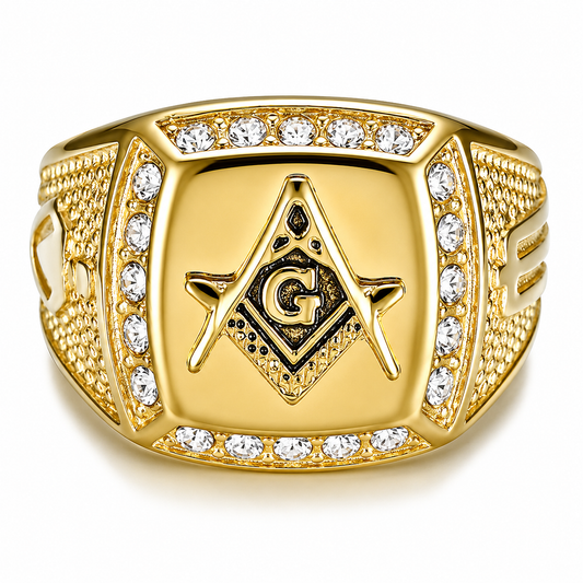 18k Gold PVD Stainless Steel Freemason Masonic G Clear CZ Ring