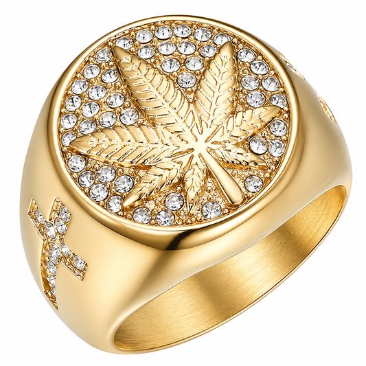 18k Gold PVD Stainless Steel Clear CZ Marijuana Weed Maple Leaf Ring